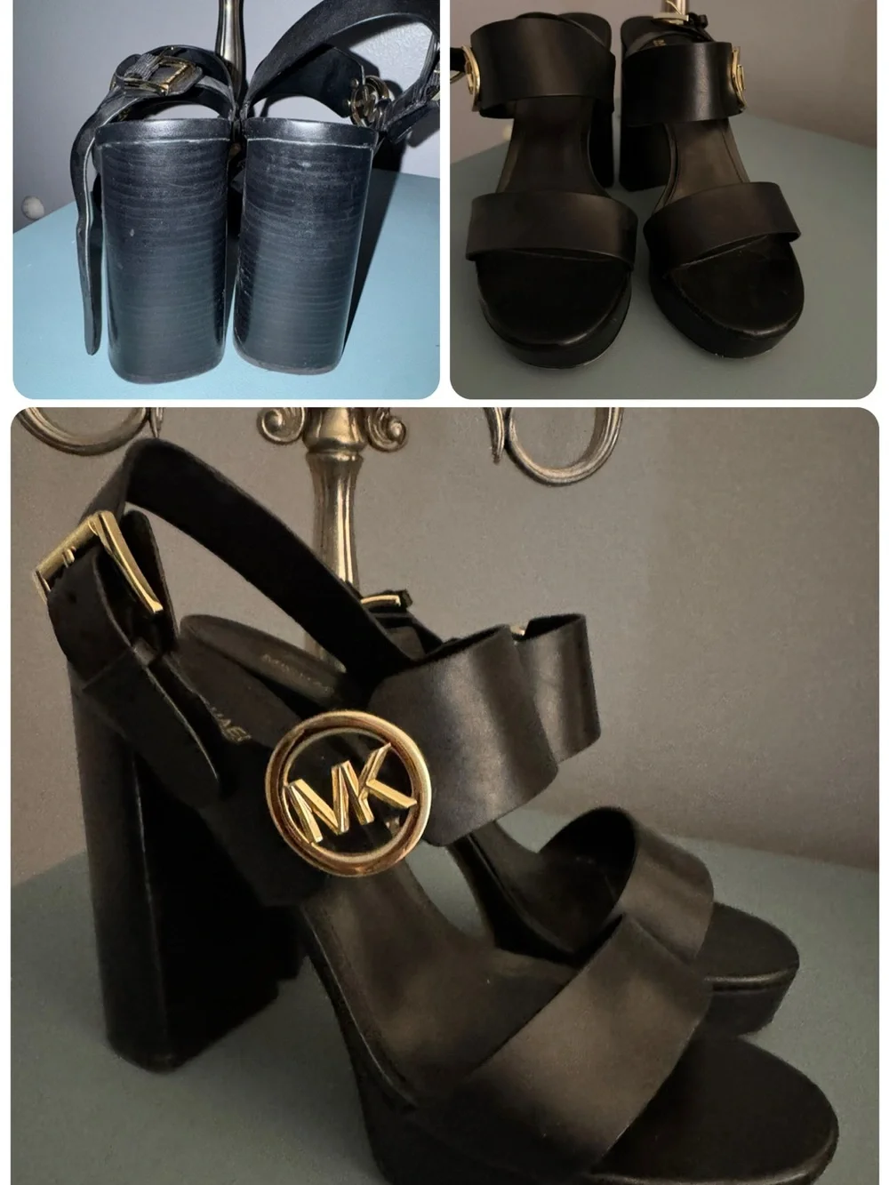 Michael Kors Black Platform Block Heel Sandals with Gold MK Accent - Picture 1 of 1